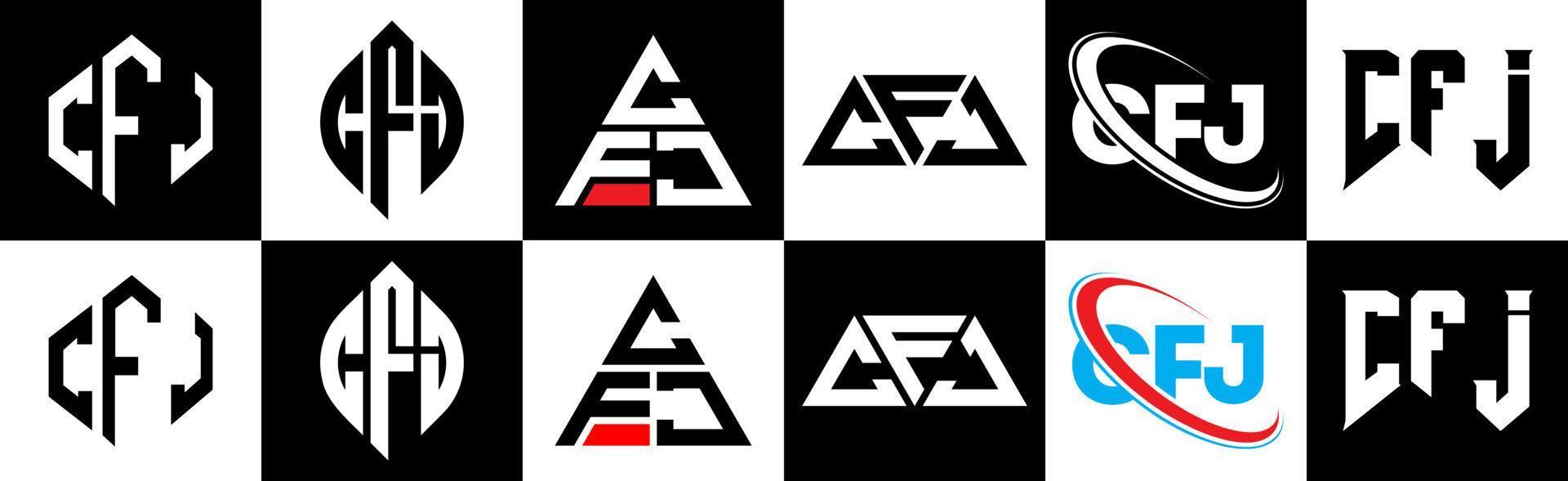 CFJ letter logo design in six style. CFJ polygon, circle, triangle, hexagon, flat and simple style with black and white color variation letter logo set in one artboard. CFJ minimalist and classic logo vector