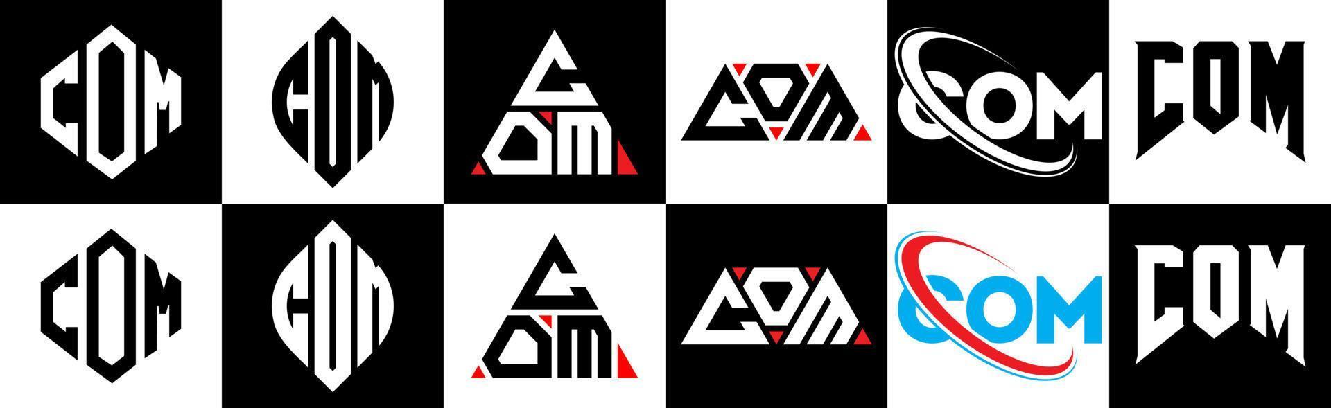 COM letter logo design in six style. COM polygon, circle, triangle, hexagon, flat and simple style with black and white color variation letter logo set in one artboard. COM minimalist and classic logo vector
