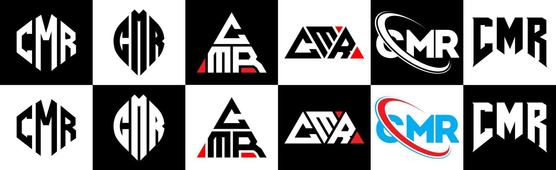CMR letter logo design in six style. CMR polygon, circle, triangle, hexagon, flat and simple style with black and white color variation letter logo set in one artboard. CMR minimalist and classic logo vector