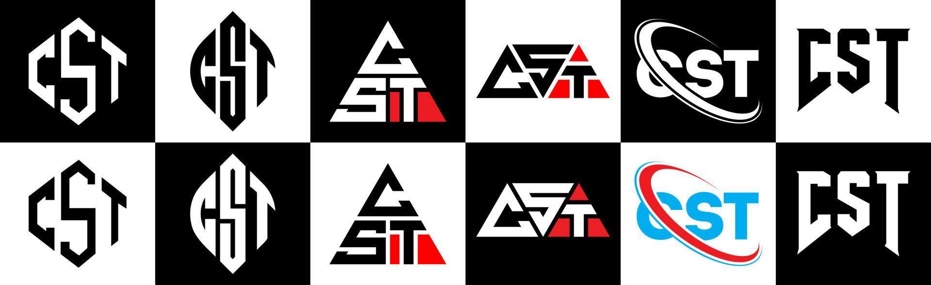 CST letter logo design in six style. CST polygon, circle, triangle, hexagon, flat and simple style with black and white color variation letter logo set in one artboard. CST minimalist and classic logo vector