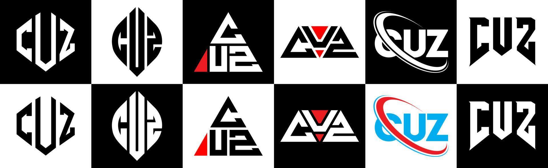 diseño de logotipo de letra cuz en seis estilos. porque polígono, círculo, triángulo, hexágono, estilo plano y simple con logotipo de letra de variación de color blanco y negro en una mesa de trabajo. porque logo minimalista y clásico vector