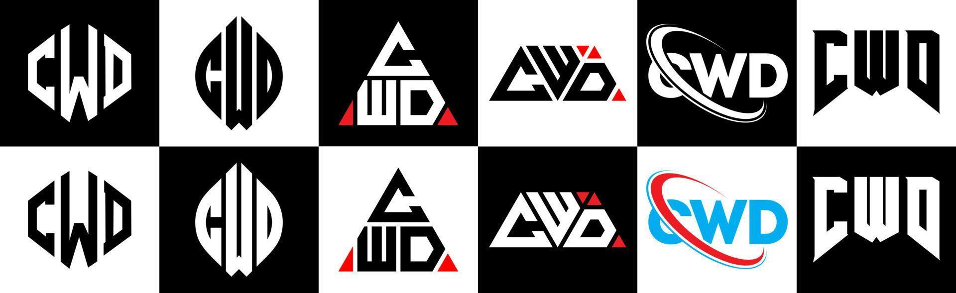 CWD letter logo design in six style. CWD polygon, circle, triangle, hexagon, flat and simple style with black and white color variation letter logo set in one artboard. CWD minimalist and classic logo vector