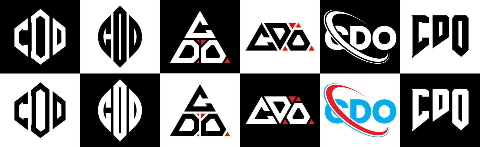 diseño de logotipo de letra cdo en seis estilos. cdo polígono, círculo, triángulo, hexágono, estilo plano y simple con logotipo de letra de variación de color blanco y negro en una mesa de trabajo. cdo logotipo minimalista y clásico vector