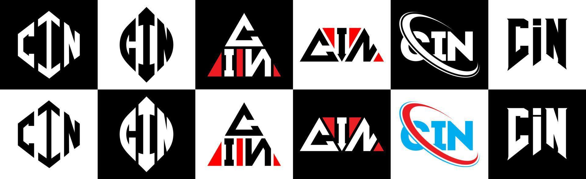 diseño de logotipo de letra cin en seis estilos. cin polígono, círculo, triángulo, hexágono, estilo plano y simple con logotipo de letra de variación de color blanco y negro en una mesa de trabajo. logotipo minimalista y clásico de cin vector