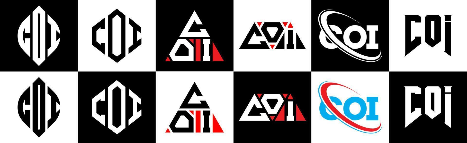 COI letter logo design in six style. COI polygon, circle, triangle, hexagon, flat and simple style with black and white color variation letter logo set in one artboard. COI minimalist and classic logo vector
