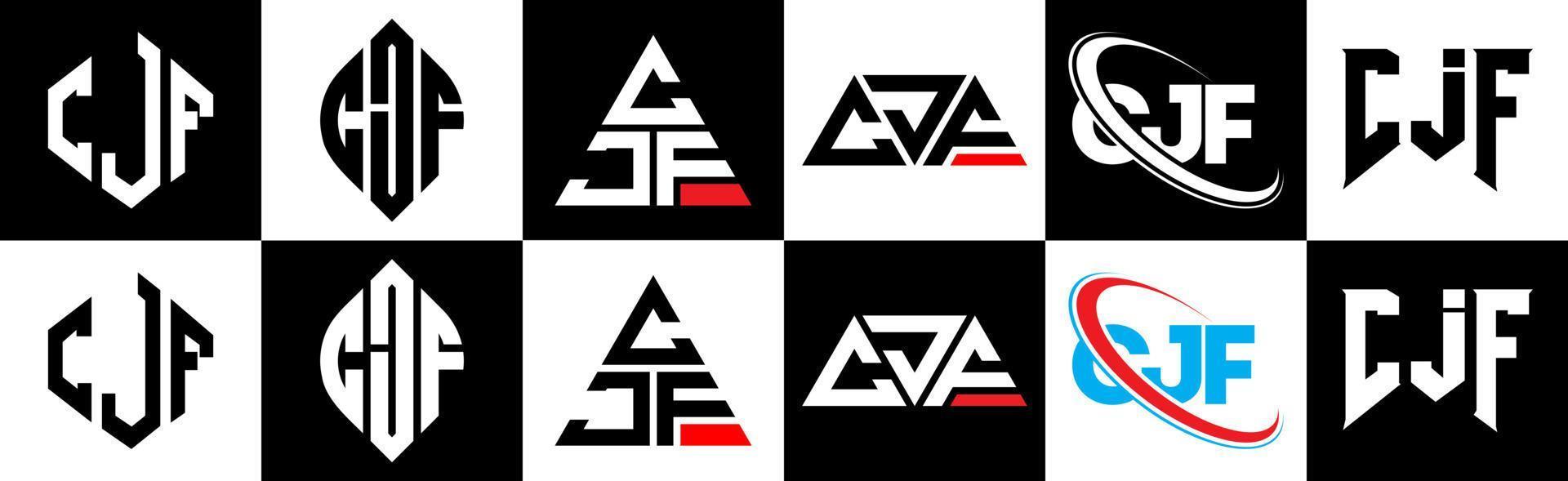 CJF letter logo design in six style. CJF polygon, circle, triangle, hexagon, flat and simple style with black and white color variation letter logo set in one artboard. CJF minimalist and classic logo vector