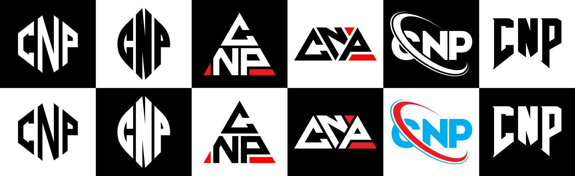 CNP letter logo design in six style. CNP polygon, circle, triangle, hexagon, flat and simple style with black and white color variation letter logo set in one artboard. CNP minimalist and classic logo vector