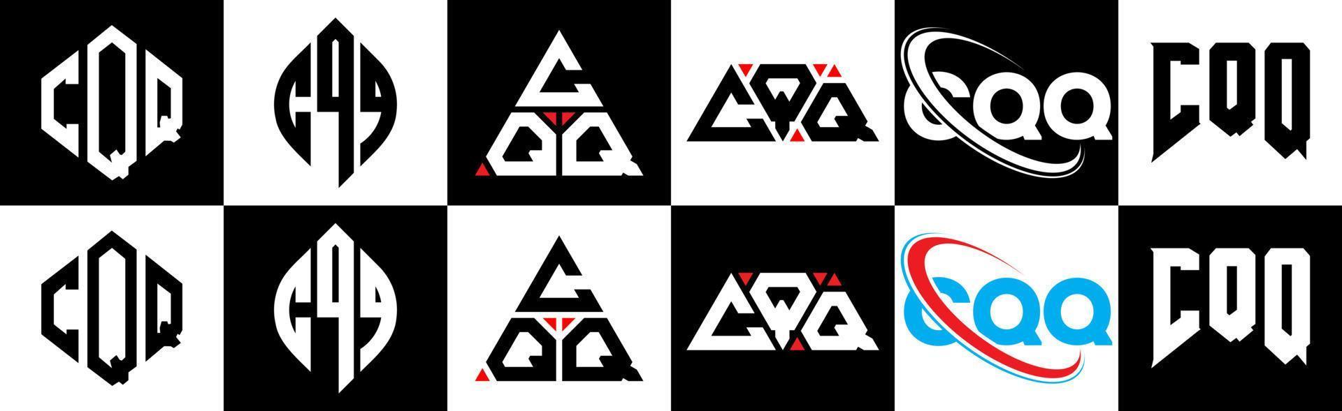 diseño de logotipo de letra cqq en seis estilos. cqq polígono, círculo, triángulo, hexágono, estilo plano y simple con logotipo de letra de variación de color blanco y negro en una mesa de trabajo. logotipo cqq minimalista y clásico vector