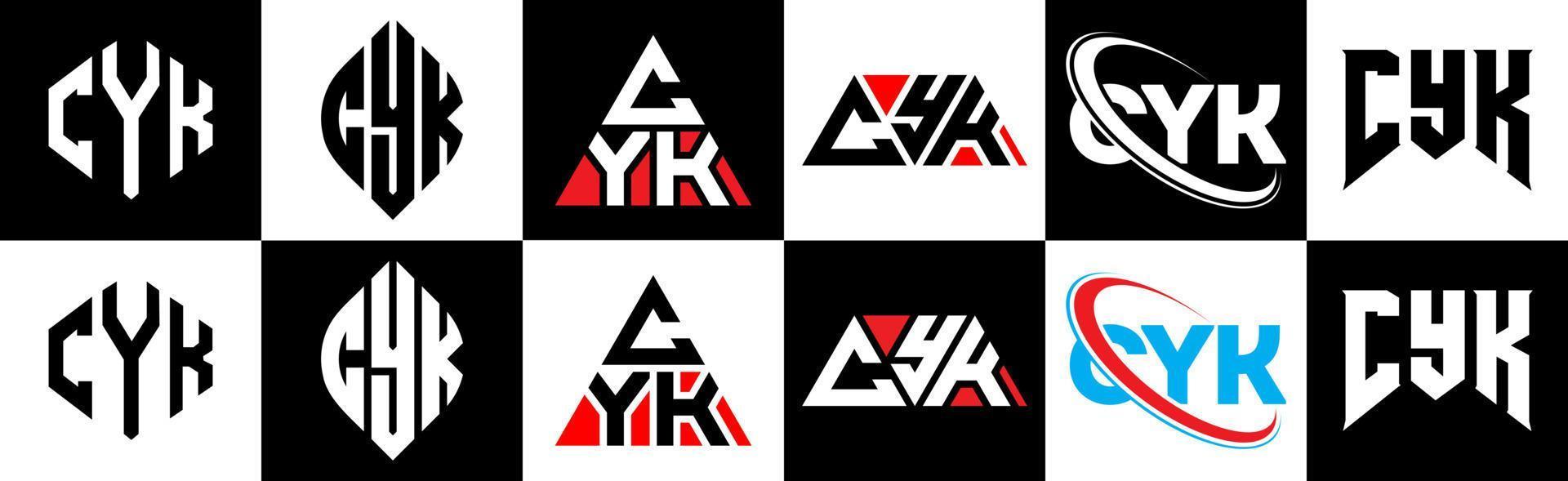 diseño de logotipo de letra cyk en seis estilos. polígono cyk, círculo, triángulo, hexágono, estilo plano y simple con logotipo de letra de variación de color blanco y negro en una mesa de trabajo. logotipo minimalista y clásico de cyk vector