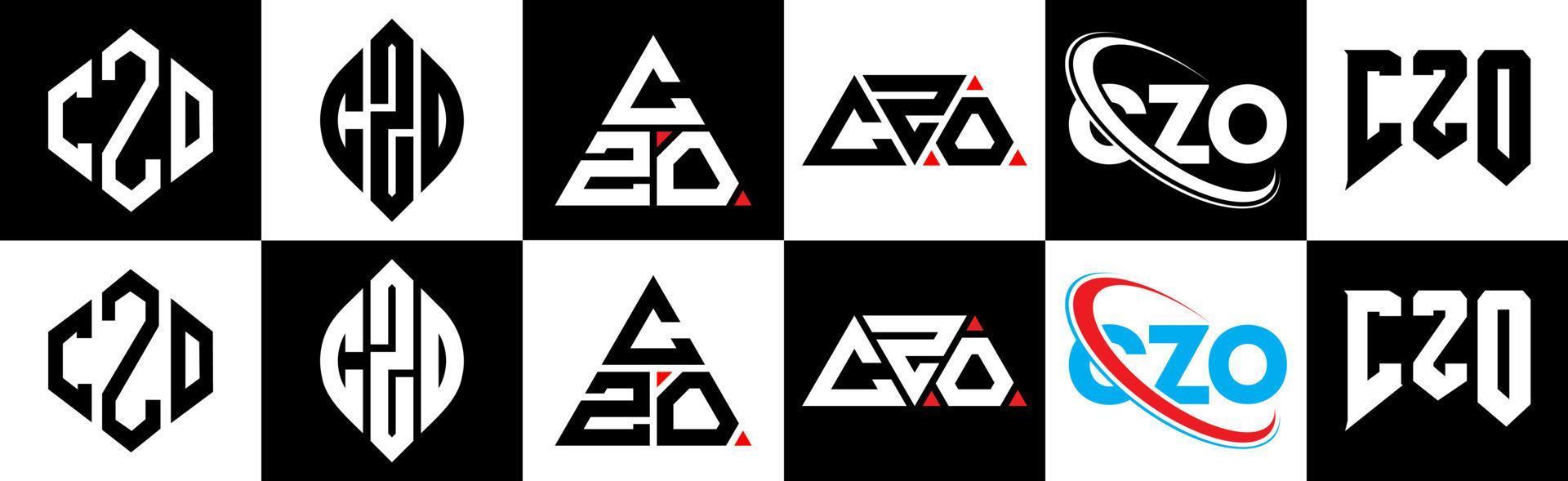 diseño de logotipo de letra czo en seis estilos. czo polígono, círculo, triángulo, hexágono, estilo plano y simple con logotipo de letra de variación de color blanco y negro en una mesa de trabajo. logotipo minimalista y clásico de czo vector