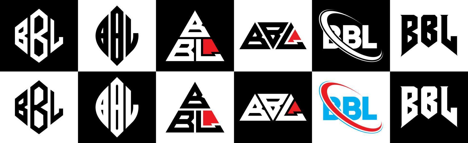 diseño de logotipo de letra bbl en seis estilos. polígono bbl, círculo, triángulo, hexágono, estilo plano y simple con logotipo de letra de variación de color blanco y negro en una mesa de trabajo. logotipo minimalista y clásico de bbl vector