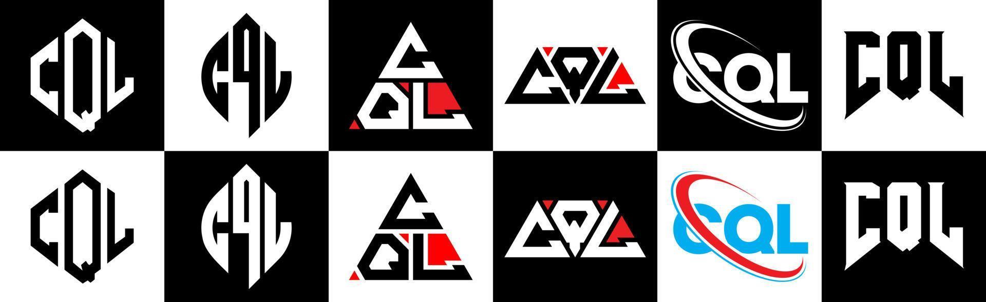 diseño de logotipo de letra cql en seis estilos. cql polígono, círculo, triángulo, hexágono, estilo plano y simple con logotipo de letra de variación de color blanco y negro en una mesa de trabajo. logotipo minimalista y clásico de cql vector