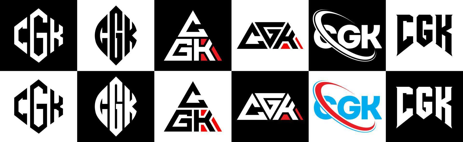 Diseño de logotipo de letra cgk en seis estilos. cgk polígono, círculo, triángulo, hexágono, estilo plano y simple con logotipo de letra de variación de color blanco y negro en una mesa de trabajo. cgk logotipo minimalista y clásico vector