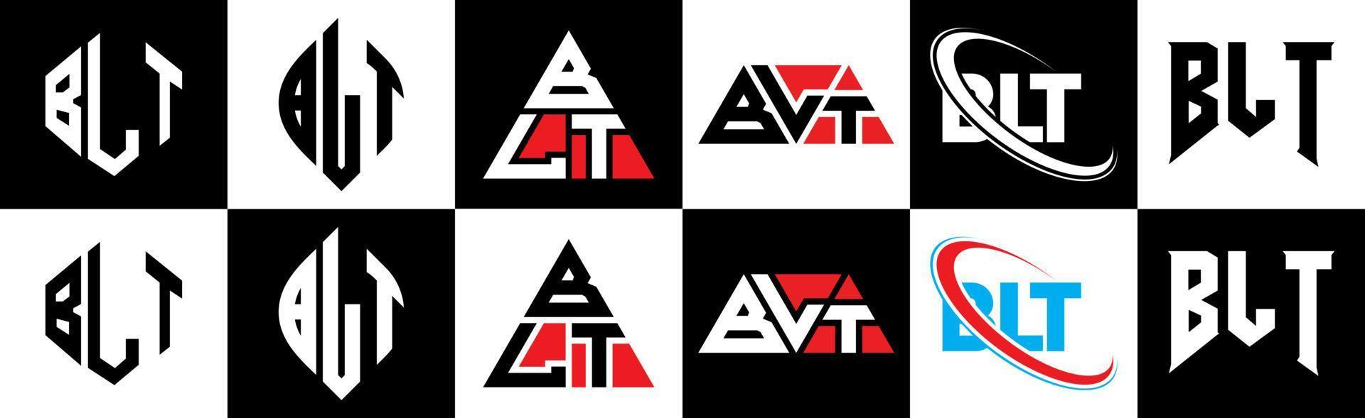 BLT letter logo design in six style. BLT polygon, circle, triangle, hexagon, flat and simple style with black and white color variation letter logo set in one artboard. BLT minimalist and classic logo vector