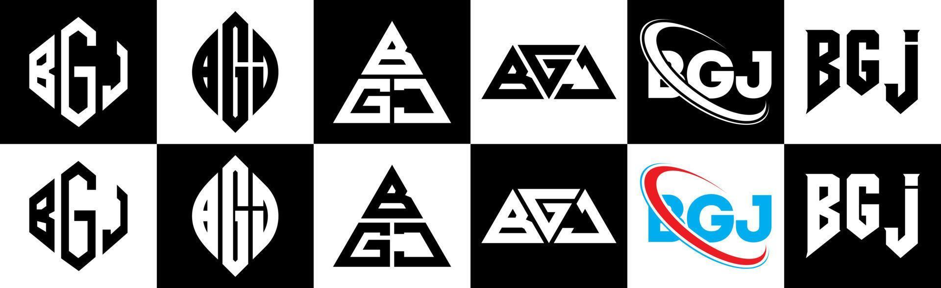 Diseño de logotipo de letra bgj en seis estilos. polígono bgj, círculo, triángulo, hexágono, estilo plano y simple con logotipo de letra de variación de color blanco y negro en una mesa de trabajo. logotipo bgj minimalista y clásico vector