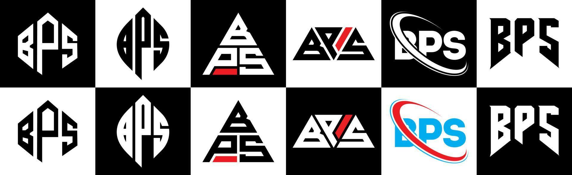 diseño de logotipo de letra bps en seis estilos. polígono bps, círculo, triángulo, hexágono, estilo plano y simple con logotipo de letra de variación de color blanco y negro en una mesa de trabajo. logotipo minimalista y clásico de bps vector