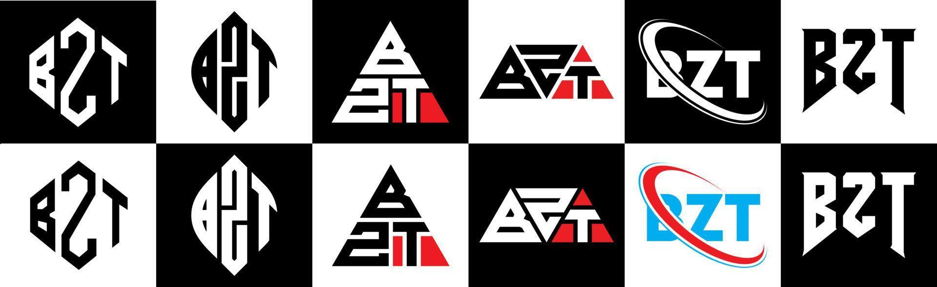 Diseño de logotipo de letra bzt en seis estilos. polígono bzt, círculo, triángulo, hexágono, estilo plano y simple con logotipo de letra de variación de color blanco y negro en una mesa de trabajo. bzt logotipo minimalista y clásico vector