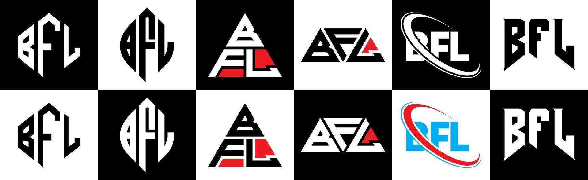 diseño de logotipo de letra bfl en seis estilos. bfl polígono, círculo, triángulo, hexágono, estilo plano y simple con logotipo de letra de variación de color blanco y negro en una mesa de trabajo. logotipo minimalista y clásico de bfl vector