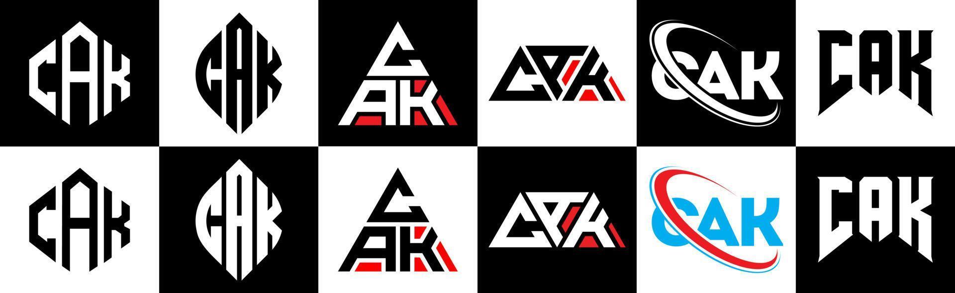 diseño del logotipo de la letra cak en seis estilos. cak polígono, círculo, triángulo, hexágono, estilo plano y simple con logotipo de letra de variación de color blanco y negro en una mesa de trabajo. cak logotipo minimalista y clásico vector