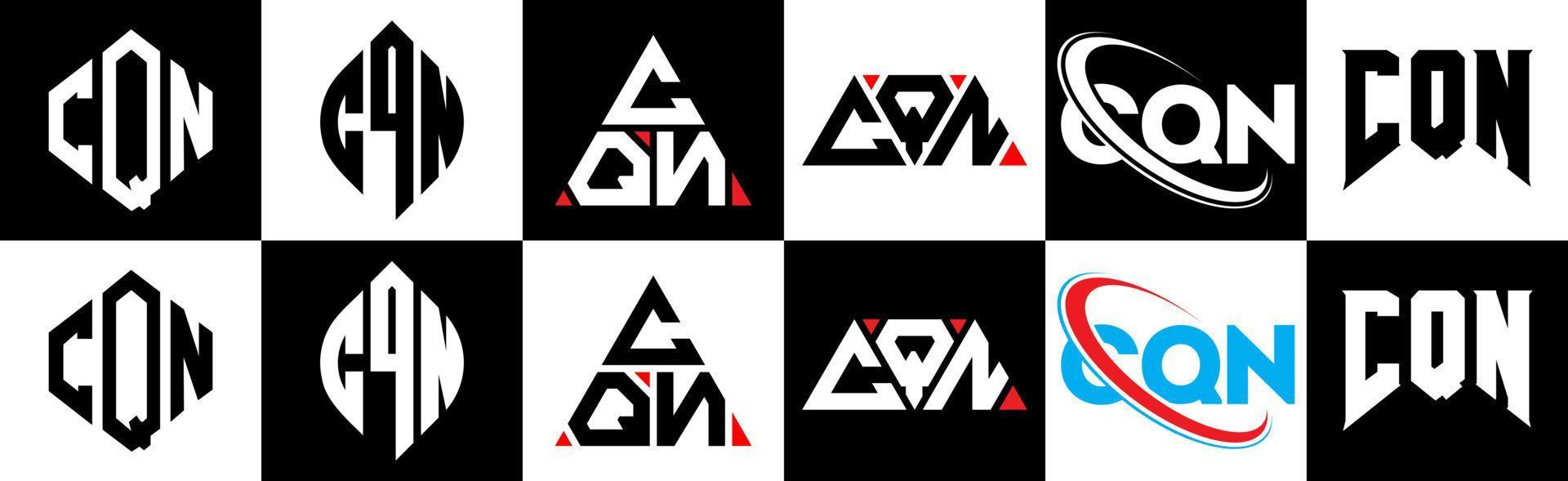 CQN letter logo design in six style. CQN polygon, circle, triangle, hexagon, flat and simple style with black and white color variation letter logo set in one artboard. CQN minimalist and classic logo vector