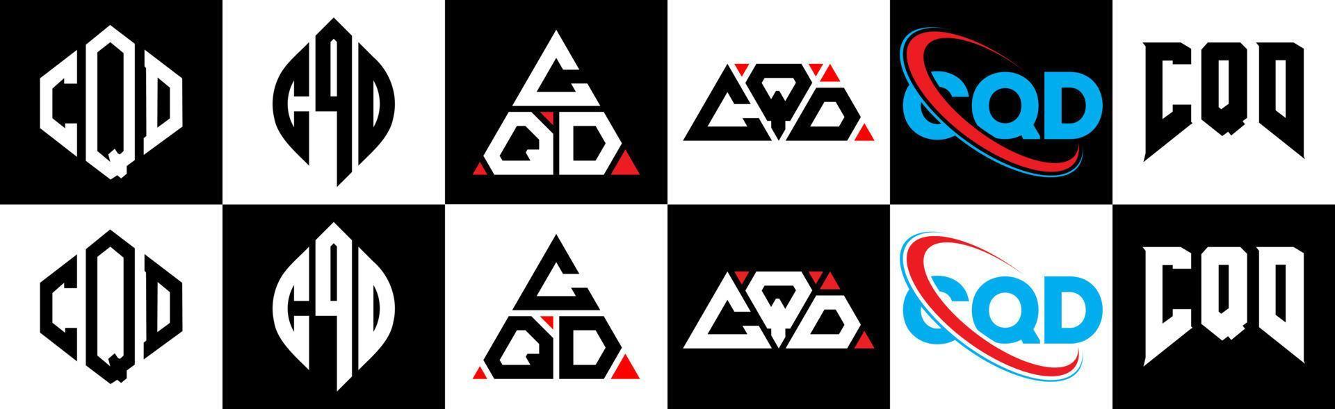CQD letter logo design in six style. CQD polygon, circle, triangle, hexagon, flat and simple style with black and white color variation letter logo set in one artboard. CQD minimalist and classic logo vector