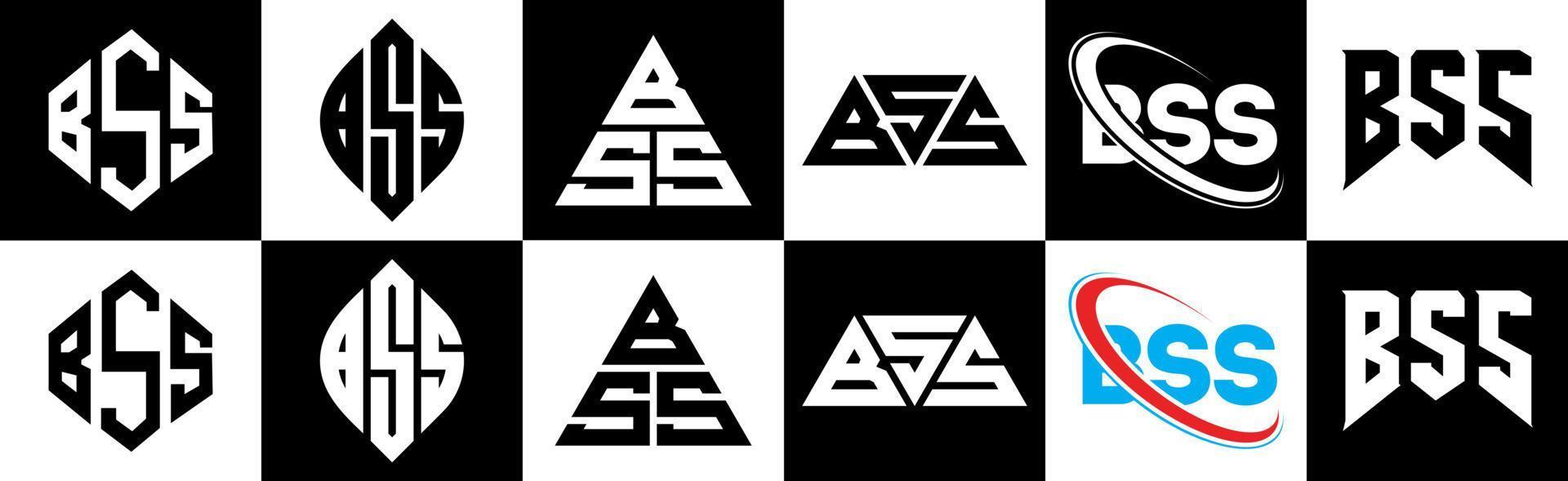 diseño de logotipo de letra bss en seis estilos. bss polígono, círculo, triángulo, hexágono, estilo plano y simple con logotipo de letra de variación de color blanco y negro en una mesa de trabajo. logotipo bss minimalista y clásico vector