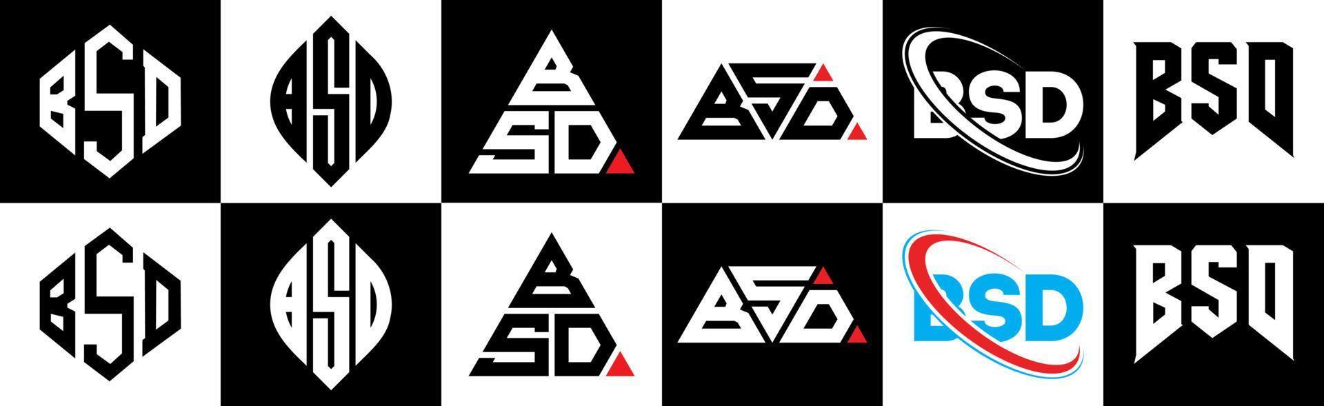 BSD letter logo design in six style. BSD polygon, circle, triangle, hexagon, flat and simple style with black and white color variation letter logo set in one artboard. BSD minimalist and classic logo vector