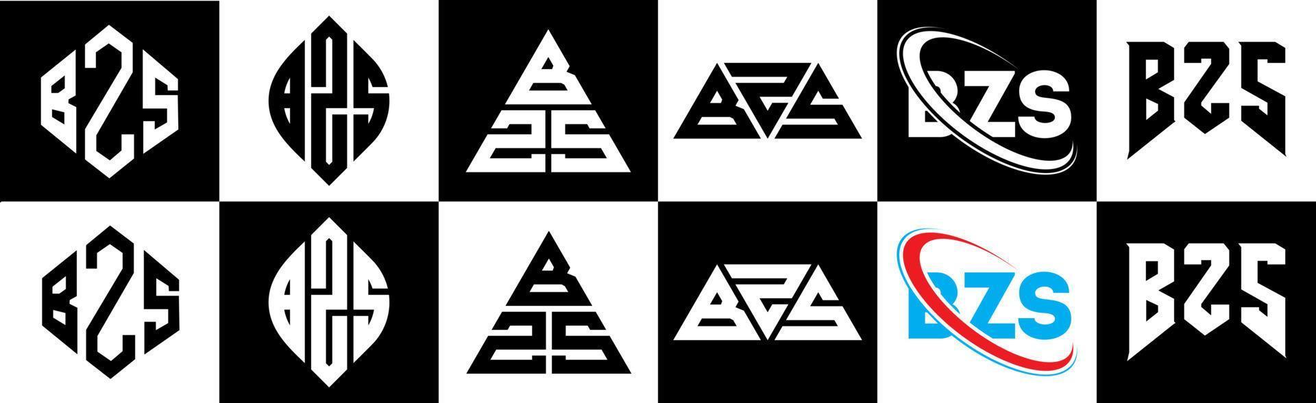 Diseño de logotipo de letra bzs en seis estilos. bzs polígono, círculo, triángulo, hexágono, estilo plano y simple con logotipo de letra de variación de color blanco y negro en una mesa de trabajo. logotipo minimalista y clásico de bzs vector