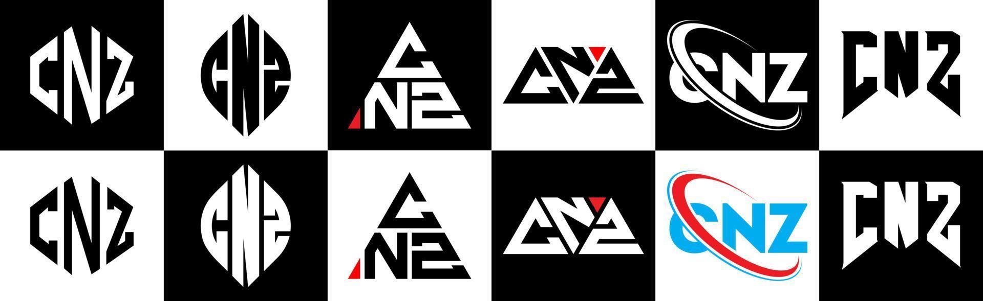 CNZ letter logo design in six style. CNZ polygon, circle, triangle, hexagon, flat and simple style with black and white color variation letter logo set in one artboard. CNZ minimalist and classic logo vector