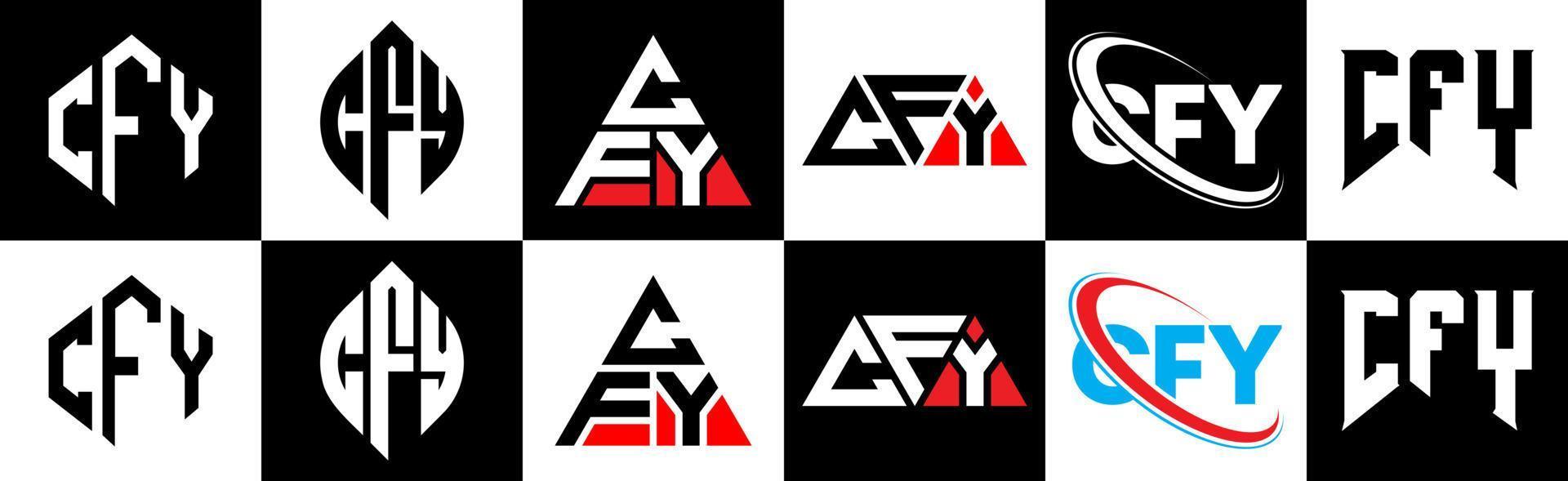 CFY letter logo design in six style. CFY polygon, circle, triangle, hexagon, flat and simple style with black and white color variation letter logo set in one artboard. CFY minimalist and classic logo vector