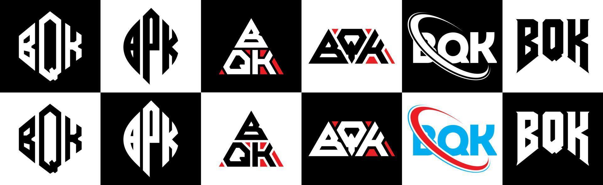 Diseño de logotipo de letra bqk en seis estilos. polígono bqk, círculo, triángulo, hexágono, estilo plano y simple con logotipo de letra de variación de color blanco y negro en una mesa de trabajo. bqk logotipo minimalista y clásico vector