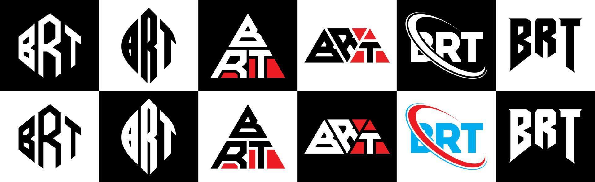 BRT letter logo design in six style. BRT polygon, circle, triangle, hexagon, flat and simple style with black and white color variation letter logo set in one artboard. BRT minimalist and classic logo vector