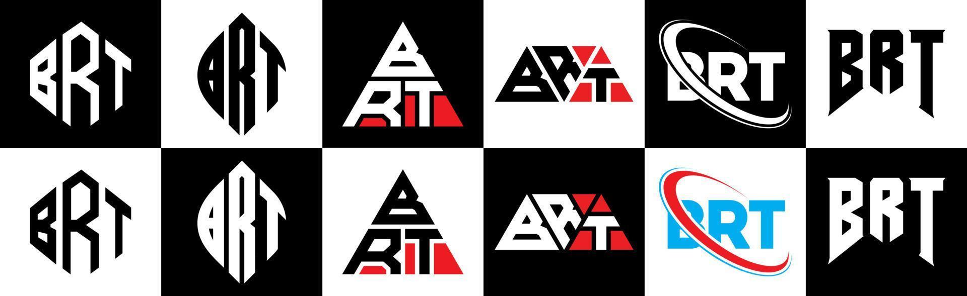 diseño de logotipo de letra brt en seis estilos. polígono brt, círculo, triángulo, hexágono, estilo plano y simple con logotipo de letra de variación de color blanco y negro en una mesa de trabajo. logotipo minimalista y clásico de brt vector