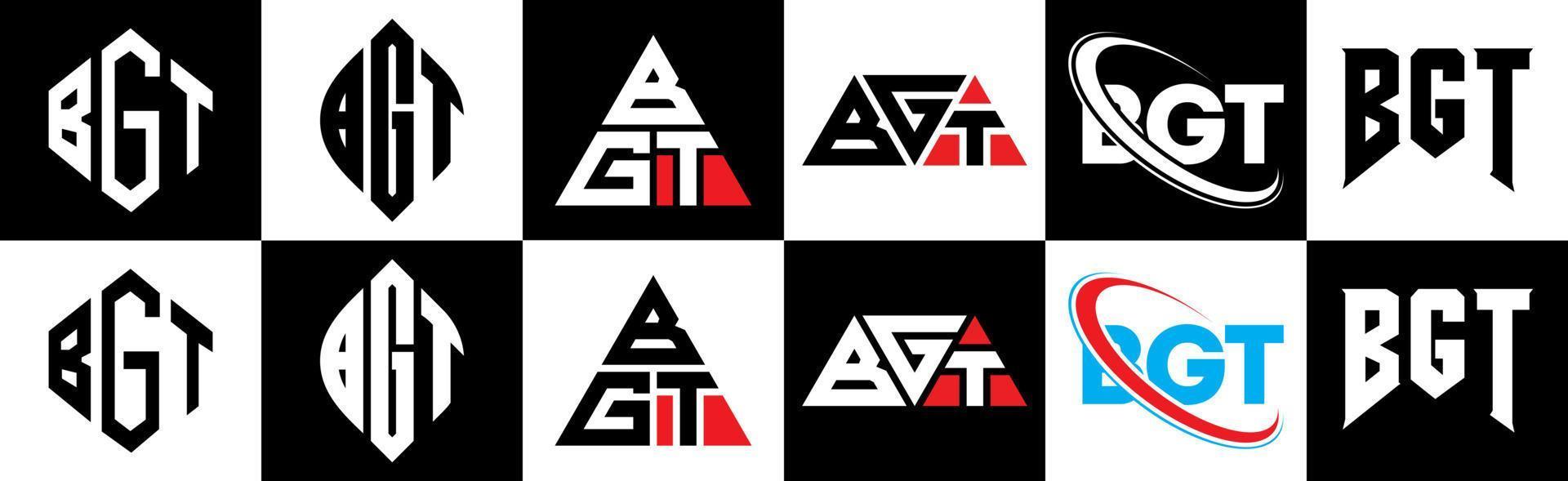 BGT letter logo design in six style. BGT polygon, circle, triangle, hexagon, flat and simple style with black and white color variation letter logo set in one artboard. BGT minimalist and classic logo vector