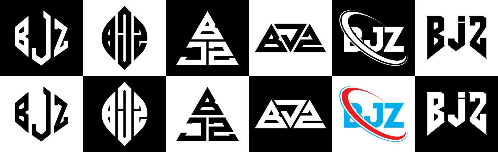Diseño de logotipo de letra bjz en seis estilos. polígono bjz, círculo, triángulo, hexágono, estilo plano y simple con logotipo de letra de variación de color blanco y negro en una mesa de trabajo. bjz logotipo minimalista y clásico vector