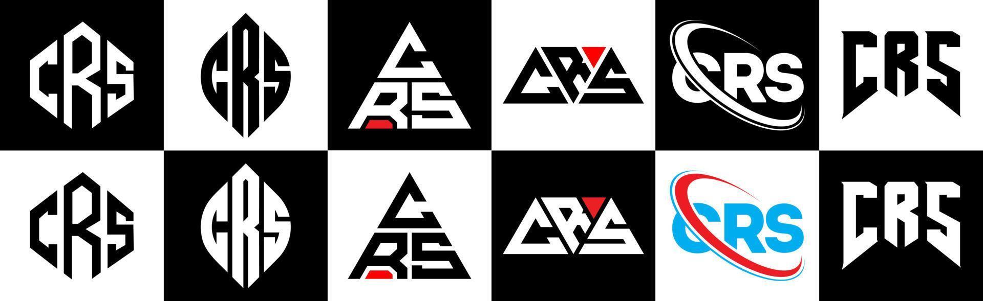 diseño de logotipo de letra crs en seis estilos. crs polígono, círculo, triángulo, hexágono, estilo plano y simple con logotipo de letra de variación de color blanco y negro en una mesa de trabajo. crs logotipo minimalista y clásico vector