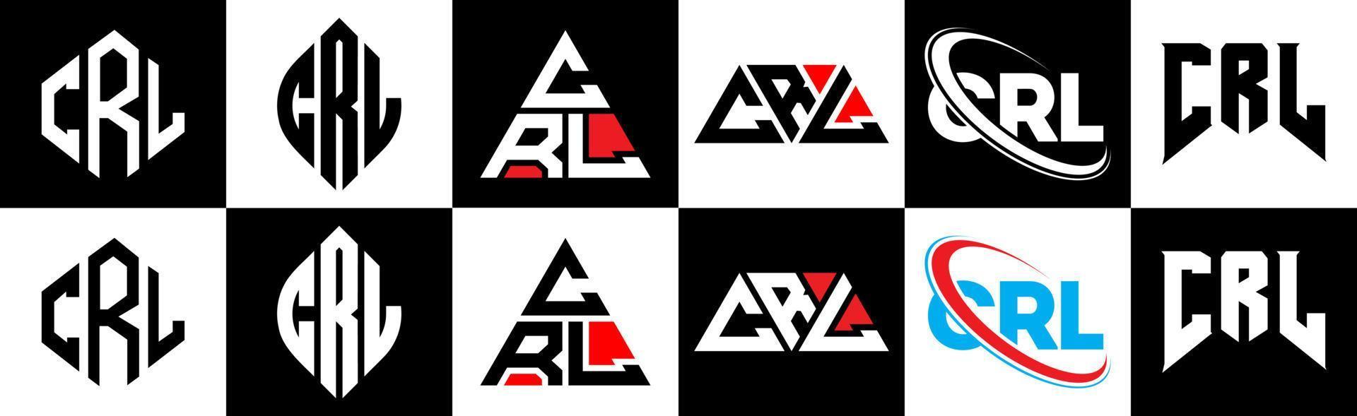 diseño de logotipo de letra crl en seis estilos. crl polígono, círculo, triángulo, hexágono, estilo plano y simple con logotipo de letra de variación de color blanco y negro en una mesa de trabajo. crl logotipo minimalista y clásico vector