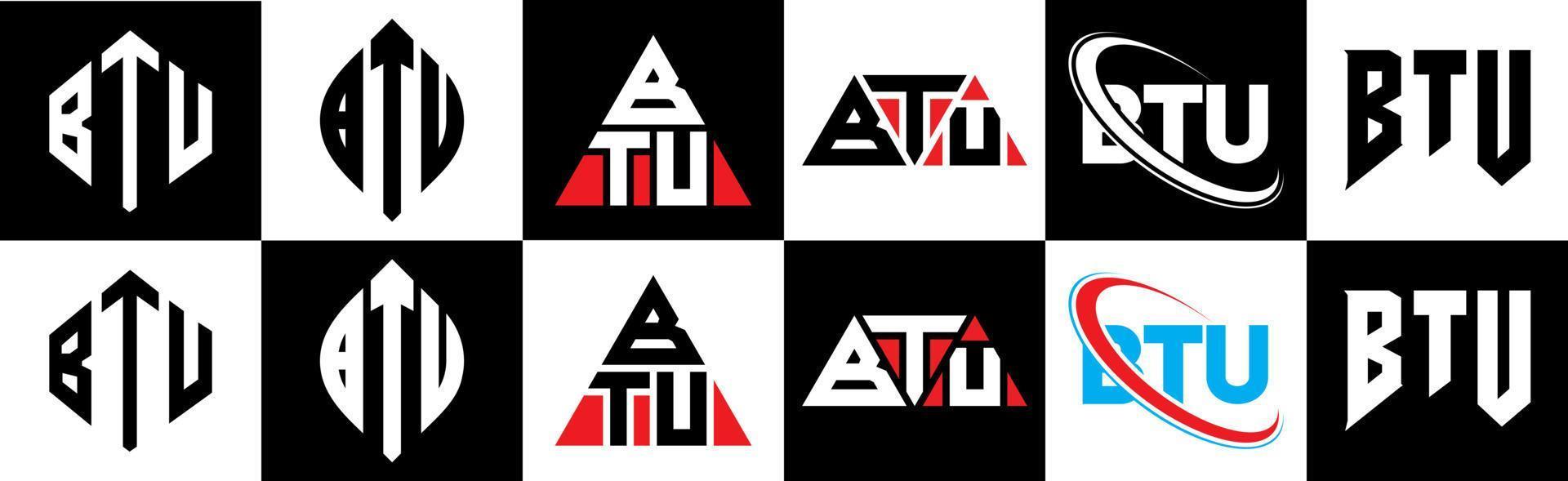 diseño de logotipo de letra btu en seis estilos. btu polígono, círculo, triángulo, hexágono, estilo plano y simple con logotipo de letra de variación de color blanco y negro en una mesa de trabajo. logotipo btu minimalista y clásico vector