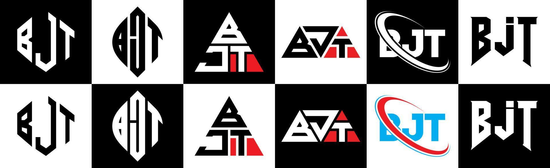 diseño de logotipo de letra bjt en seis estilos. polígono bjt, círculo, triángulo, hexágono, estilo plano y simple con logotipo de letra de variación de color blanco y negro en una mesa de trabajo. bjt logotipo minimalista y clásico vector