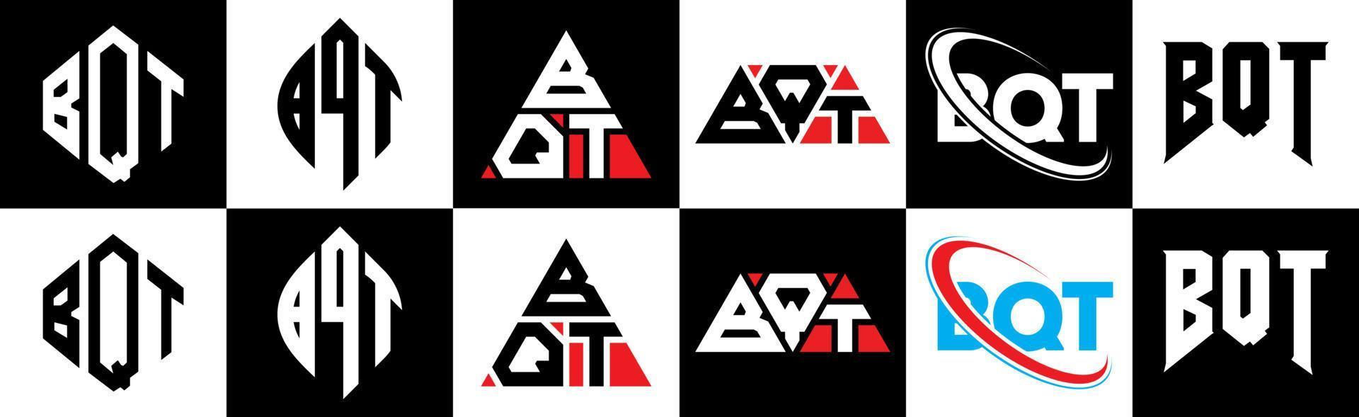 BQT letter logo design in six style. BQT polygon, circle, triangle, hexagon, flat and simple style with black and white color variation letter logo set in one artboard. BQT minimalist and classic logo vector