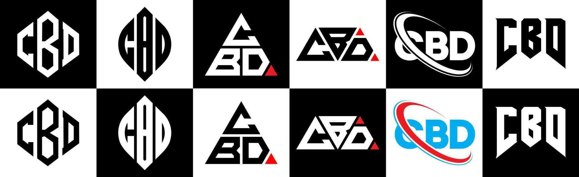 diseño de logotipo de letra cbd en seis estilos. polígono cbd, círculo, triángulo, hexágono, estilo plano y simple con logotipo de letra de variación de color blanco y negro en una mesa de trabajo. logotipo minimalista y clásico de cbd vector