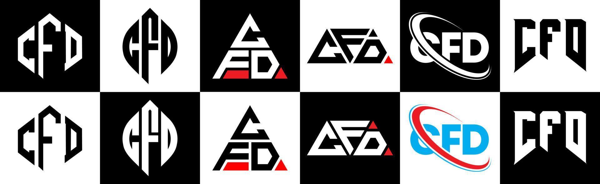 CFD letter logo design in six style. CFD polygon, circle, triangle, hexagon, flat and simple style with black and white color variation letter logo set in one artboard. CFD minimalist and classic logo vector