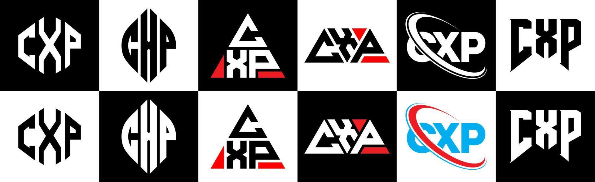CXP letter logo design in six style. CXP polygon, circle, triangle, hexagon, flat and simple style with black and white color variation letter logo set in one artboard. CXP minimalist and classic logo vector