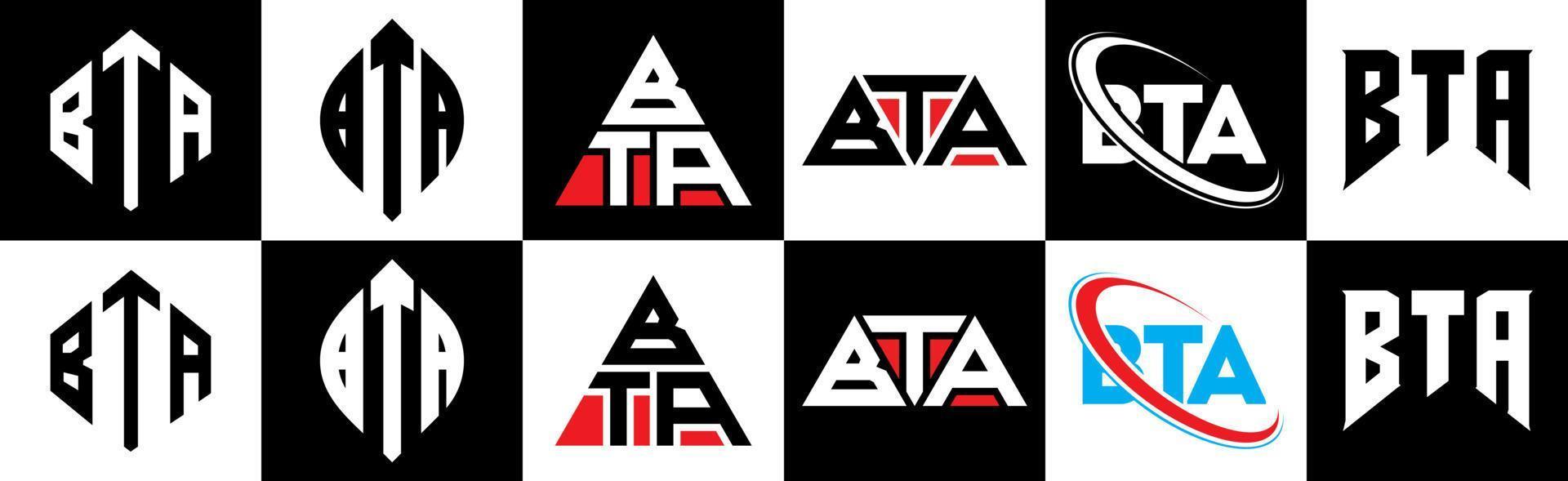 BTA letter logo design in six style. BTA polygon, circle, triangle, hexagon, flat and simple style with black and white color variation letter logo set in one artboard. BTA minimalist and classic logo vector