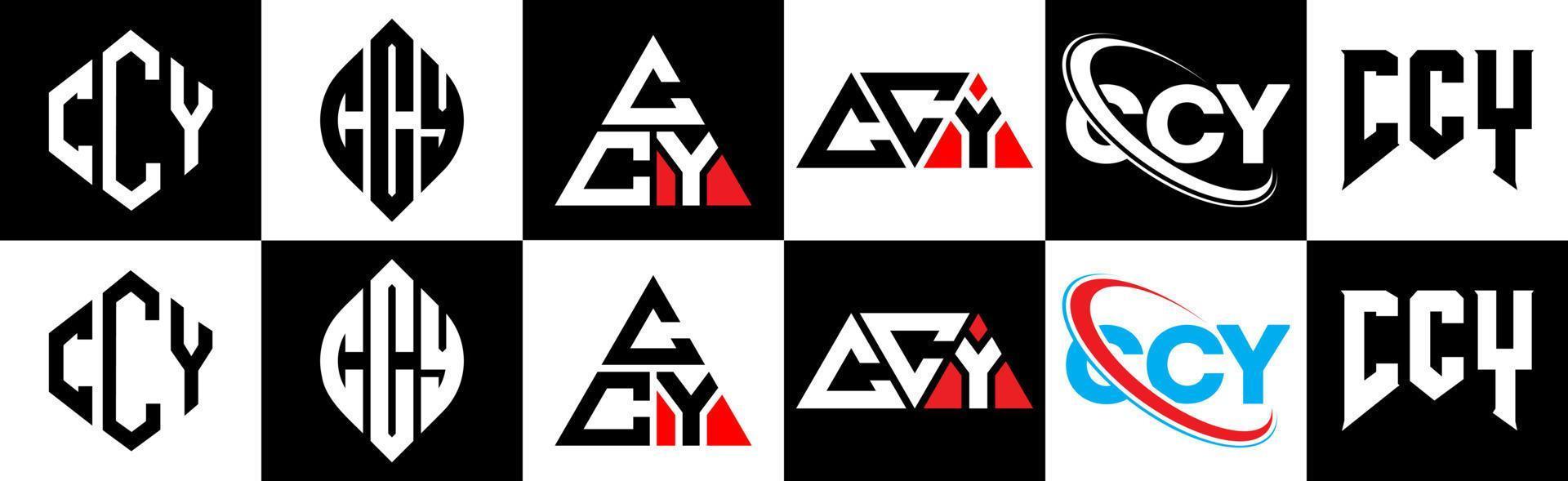 CCY letter logo design in six style. CCY polygon, circle, triangle, hexagon, flat and simple style with black and white color variation letter logo set in one artboard. CCY minimalist and classic logo vector