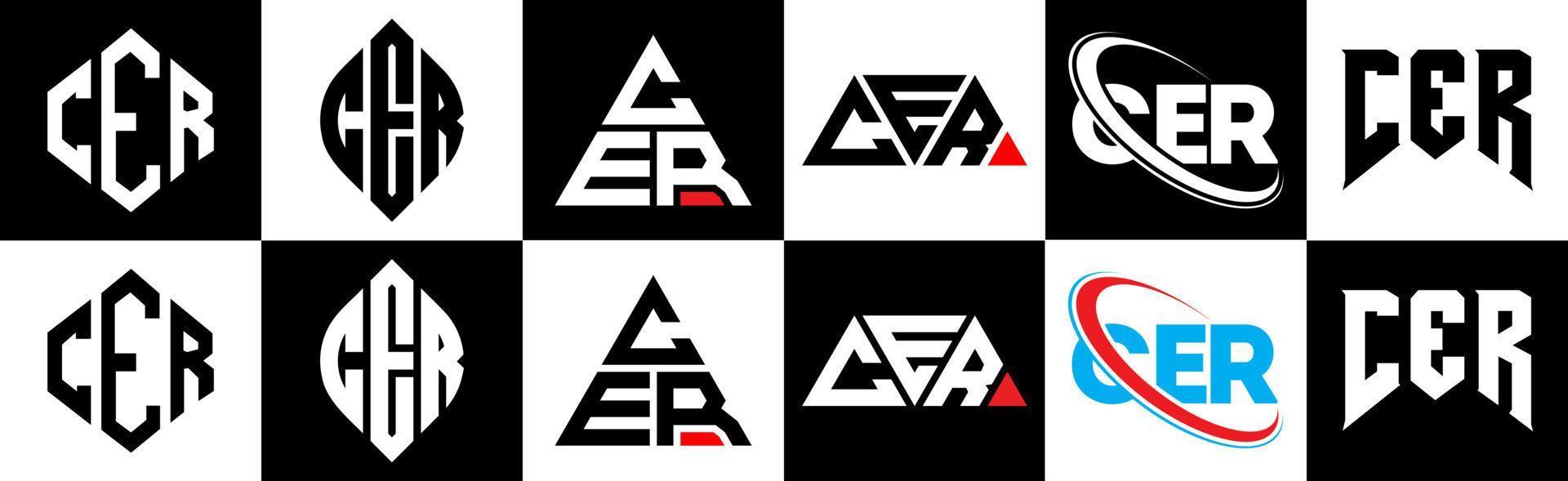 CER letter logo design in six style. CER polygon, circle, triangle, hexagon, flat and simple style with black and white color variation letter logo set in one artboard. CER minimalist and classic logo vector