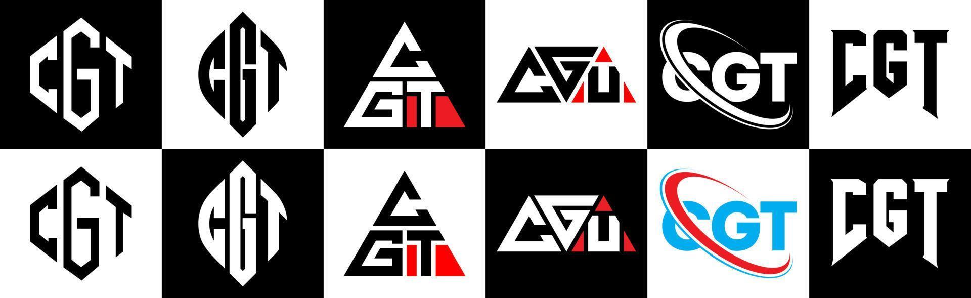 diseño de logotipo de letra cgt en seis estilos. cgt polígono, círculo, triángulo, hexágono, estilo plano y simple con logotipo de letra de variación de color blanco y negro en una mesa de trabajo. logotipo minimalista y clásico de cgt vector