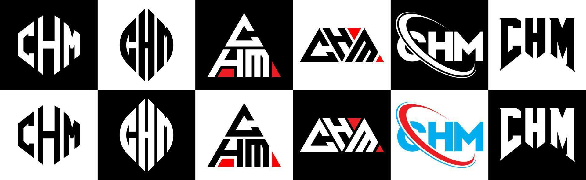 CHM letter logo design in six style. CHM polygon, circle, triangle, hexagon, flat and simple style with black and white color variation letter logo set in one artboard. CHM minimalist and classic logo vector