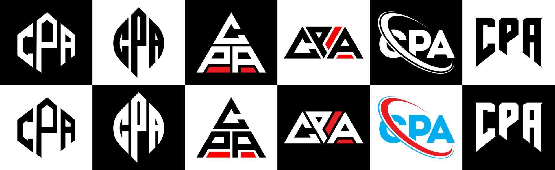 diseño de logotipo de letra cpa en seis estilos. cpa polígono, círculo, triángulo, hexágono, estilo plano y simple con logotipo de letra de variación de color blanco y negro en una mesa de trabajo. cpa logotipo minimalista y clásico vector