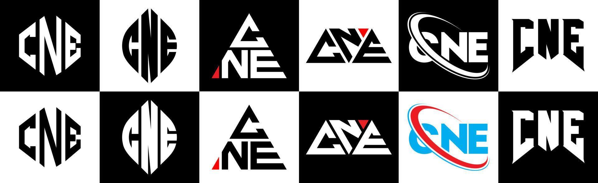 CNE letter logo design in six style. CNE polygon, circle, triangle, hexagon, flat and simple style with black and white color variation letter logo set in one artboard. CNE minimalist and classic logo vector